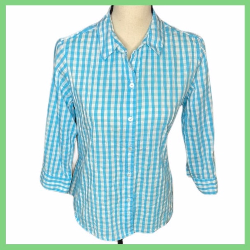 Foxcroft Aqua & White Plaid Scrunch Shaped Fit Top